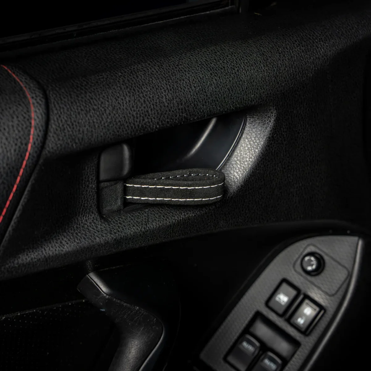 Billetworkz Alcantara Door Pull Strap Kit Pair Black w/ White Stitching 2008-2021 WRX / 2008-2021 STI / 2013-2021 BRZ / 2013-2017 Crosstrek / 2014-2018 Forester / 2012-2018 Impreza - Image 2