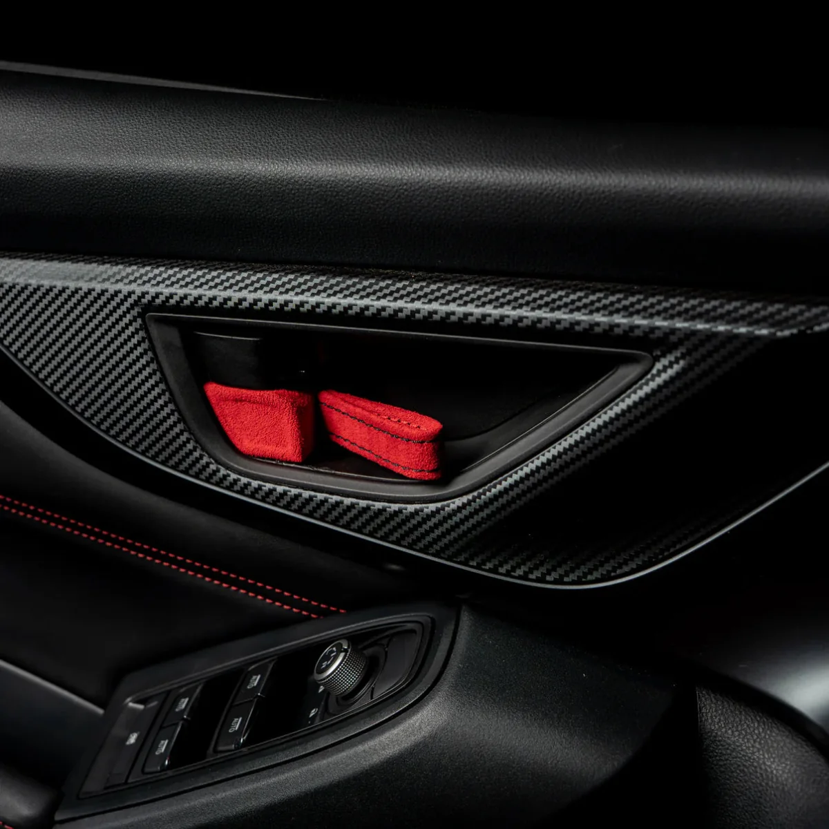 Billetworkz Alcantara Door Pull Strap Kit Pair Red w/ Black Stitching 2022-2026 WRX / 2022-2026 BRZ / 2022-2026 GR86 / 2018-2025 Crosstrek / 2020-2025 Outback / 2020-2025 Legacy - Image 2