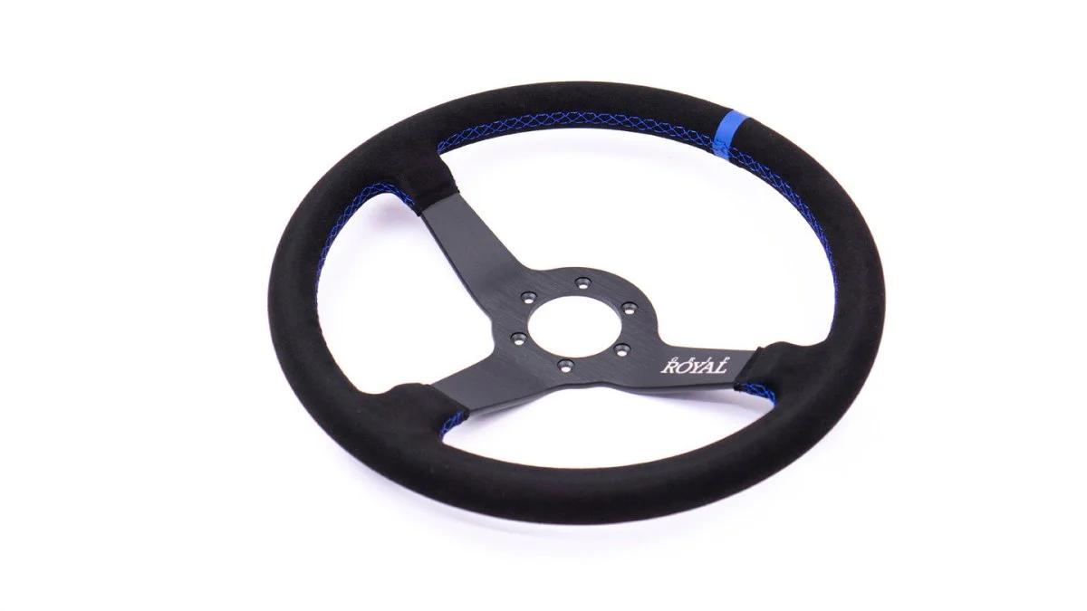 Grip Royal Brute 350mm Steering Wheel w/ Black Suede Grip/Blue Stitching & Blue Leather TDC Stripe