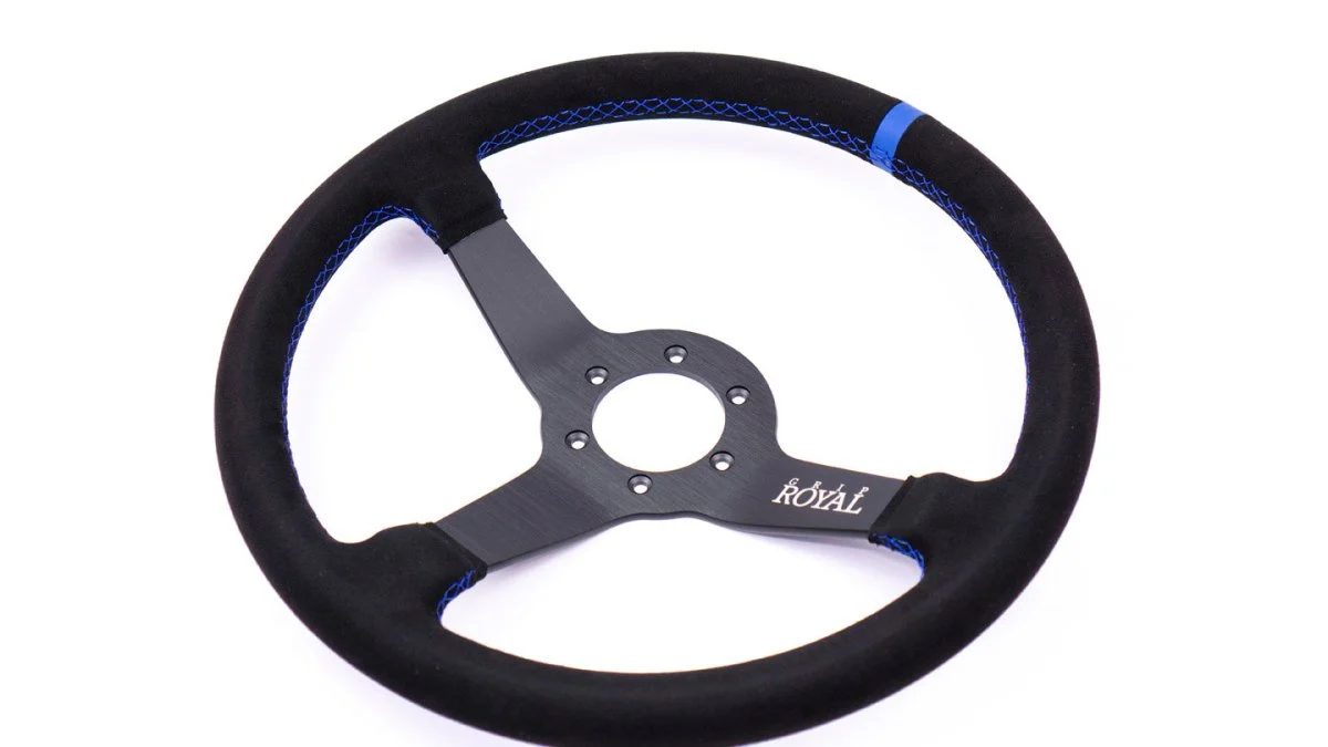 Grip Royal Brute 350mm Steering Wheel w/ Black Suede Grip/Blue Stitching & Blue Leather TDC Stripe - Image 2