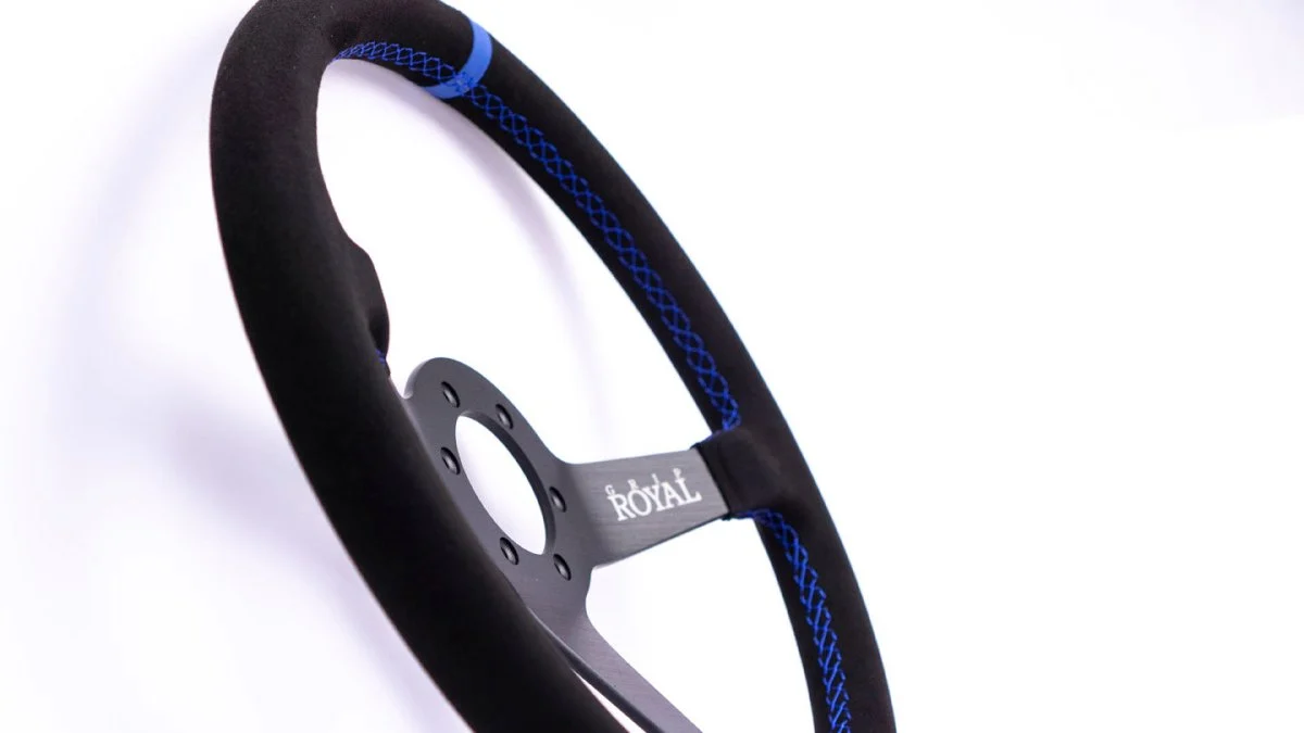 Grip Royal Brute 350mm Steering Wheel w/ Black Suede Grip/Blue Stitching & Blue Leather TDC Stripe - Image 6