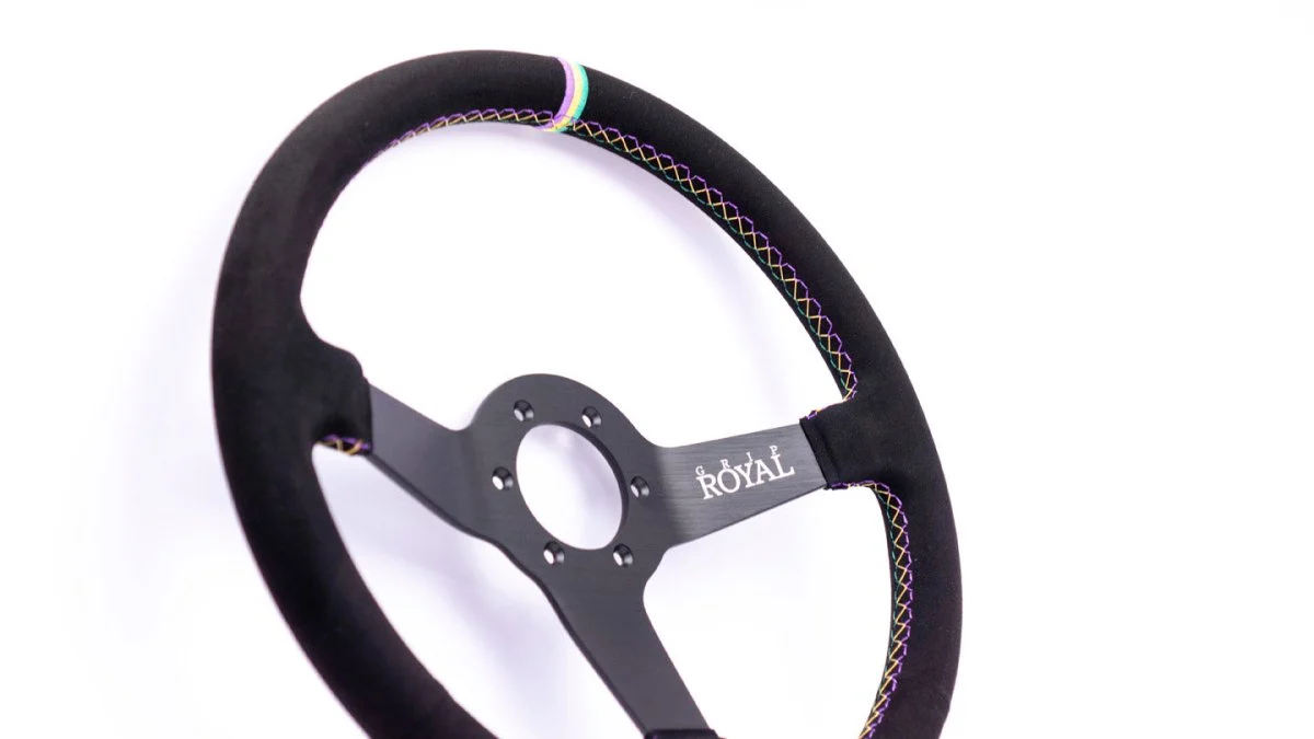 Grip Royal Brute 350mm Steering Wheel w/ Black Suede Grip/Mardi Gras Stitching/Mardi Gras TDC Stripe - Image 7