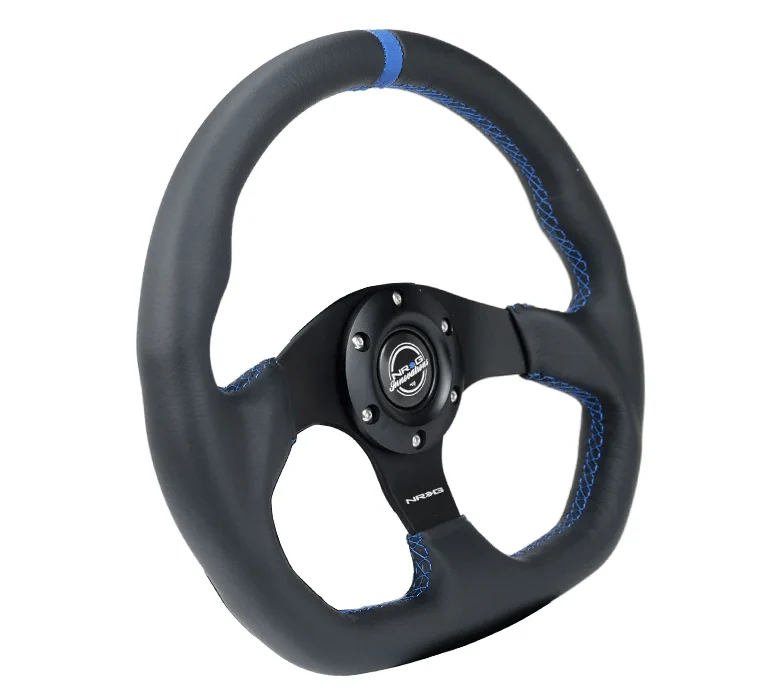 NRG Innovations 024 Series Flat Bottom Steering Wheel w/ Black Center, Blue Stitching, Blue Stripe and Black Leather Grip - Image 2