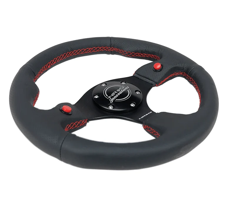 NRG Innovations 320MM Leather Steering Wheel w/ Black Center, Red Stitching, Dual Buttons and Perforated Leather Grip - Image 3
