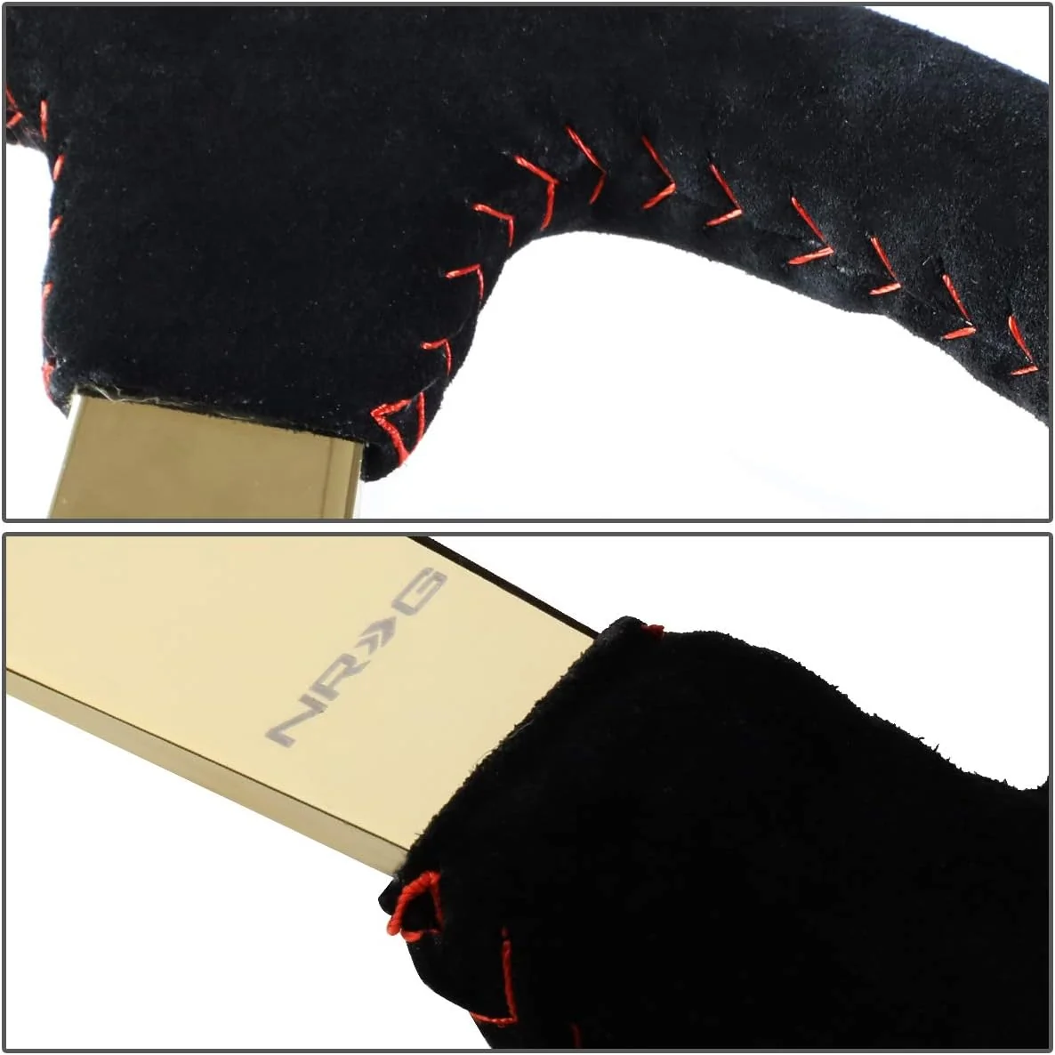 NRG Innovations 350MM Steering Wheel w/ Gold Center/Red Baseball Stitching & Black Suede Grip - Image 3