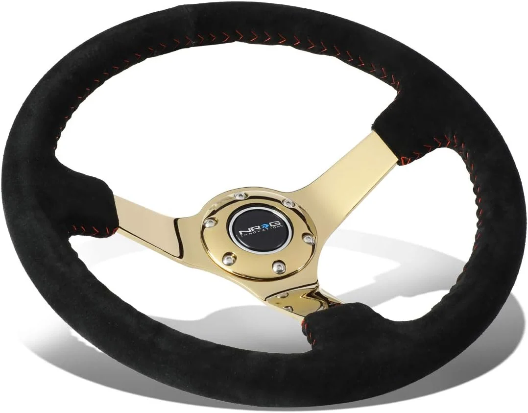 NRG Innovations 350MM Steering Wheel w/ Gold Center/Red Baseball Stitching & Black Suede Grip - Image 4