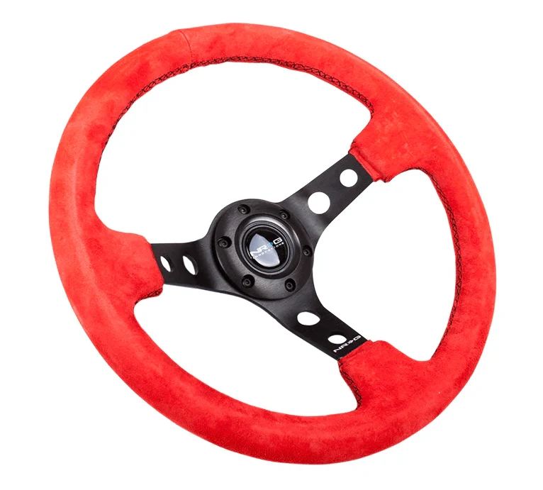 NRG Innovations 350MM Steering Wheel w/ Holes/Black Center/Black Stitching & Red Suede Grip - Image 2