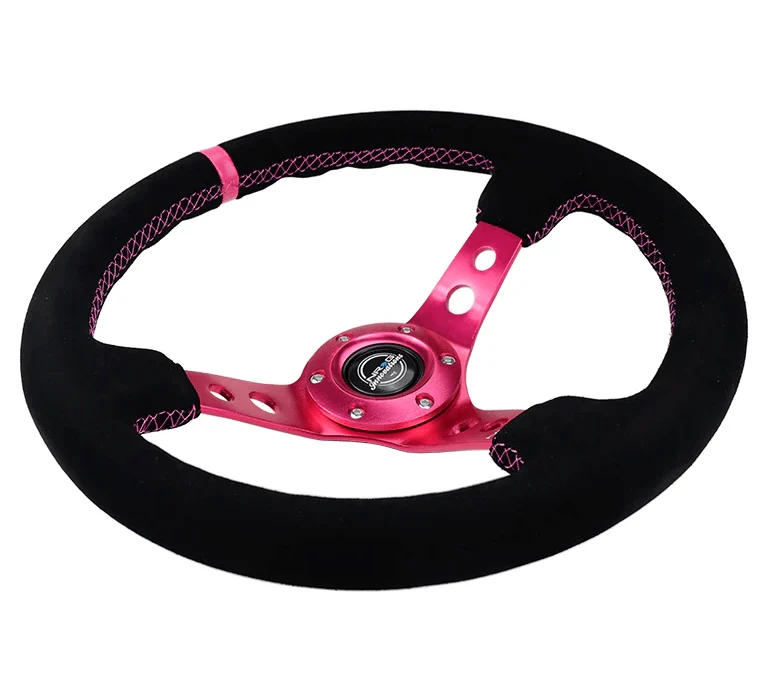 NRG Innovations 350MM Deep Dish Steering Wheel w/ Holes, Fuschia Center, Fuschia Stitching, Fuschia Stripe, and Black Suede Grip - Image 3