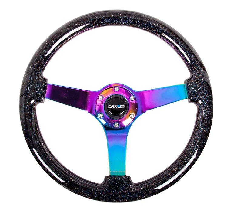 NRG Innovations 350mm Deep Dish Steering Wheel w/ Neochrome Center, & Black Sparkled Woodgrain Grip
