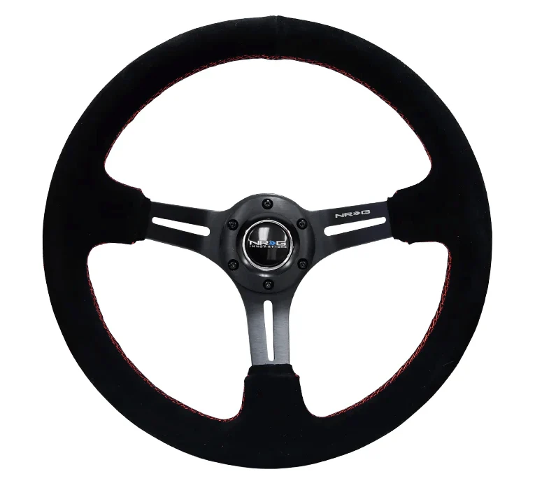NRG Innovations 350MM Steering Wheel w/ Slits/Black Center/Red Stitching & Black Suede Grip