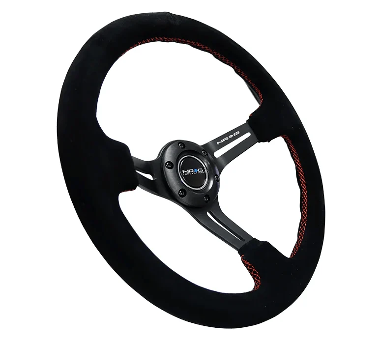 NRG Innovations 350MM Steering Wheel w/ Slits/Black Center/Red Stitching & Black Suede Grip - Image 2