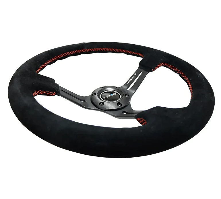 NRG Innovations 350MM Steering Wheel w/ Slits/Black Center/Red Stitching & Black Suede Grip - Image 3