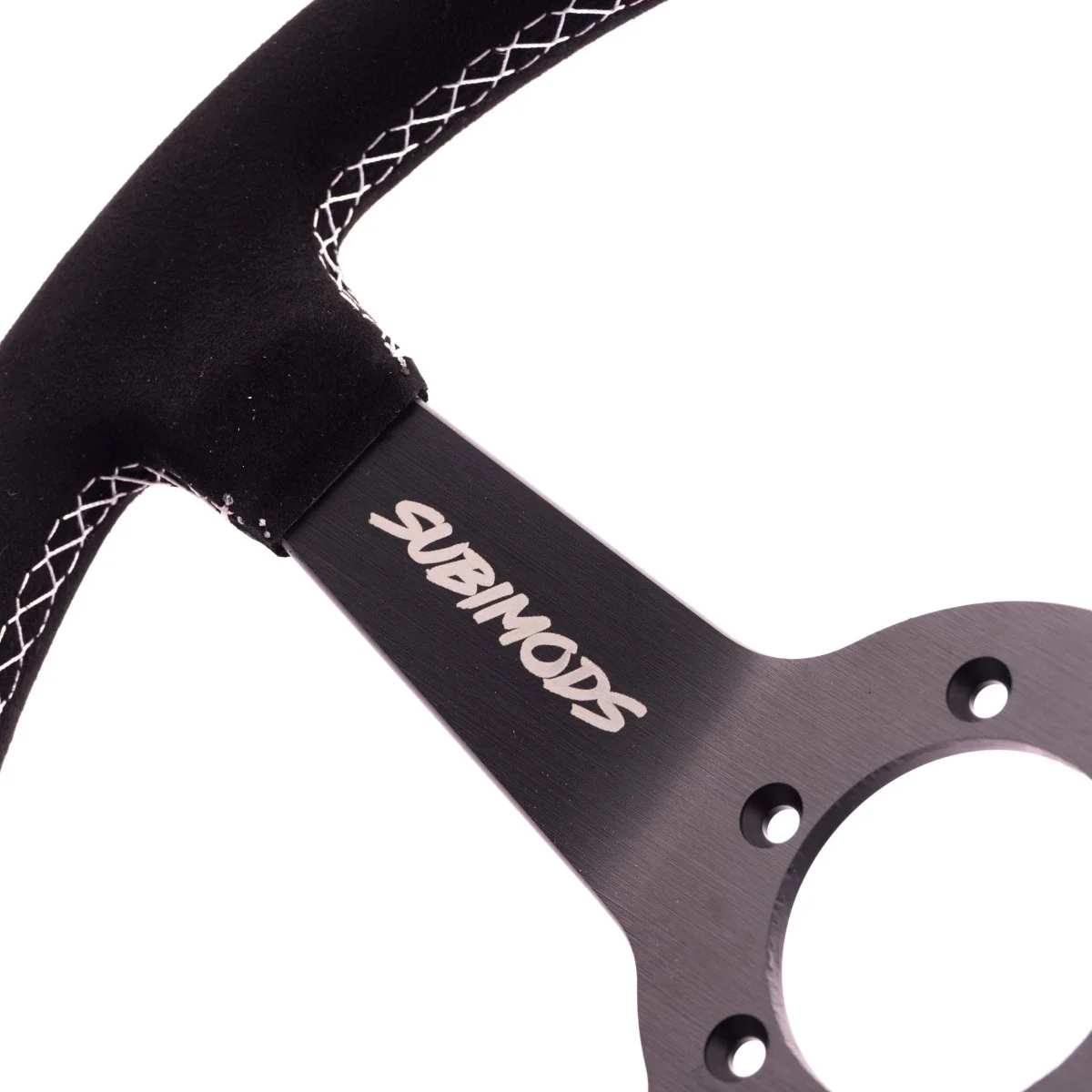 Subimods X Grip Royal Brute 350mm Deep Dish Steering Wheel w/ Black Suede Grip, White Stitching, and White TDC Stripe - Image 2